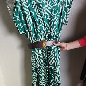 Donna Karan Green and White Midi Dress with Belt